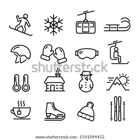Collection of winter icons representing skiing and other winter outdoor activities and sports
