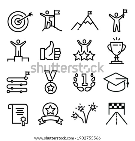 Collection of achievement and success icons, reaching a goal