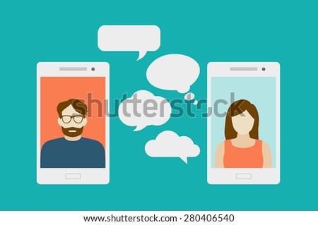 Concept of a mobile chat or conversation of people via mobile phones. Can be used to illustrate globalization, connection, phone calls or social media topics.