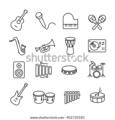 Collection of musical instruments icons. Can be used on print materials or on websites with subjects related to music, dance, singing, concerts or playing musical instruments.