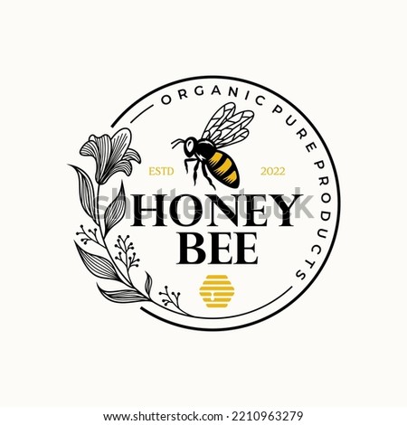 Hand Drawn Honey Bee with Flowers Logo Inspirations Vector illustration. Honey label design. Concept for organic honey products, package design.