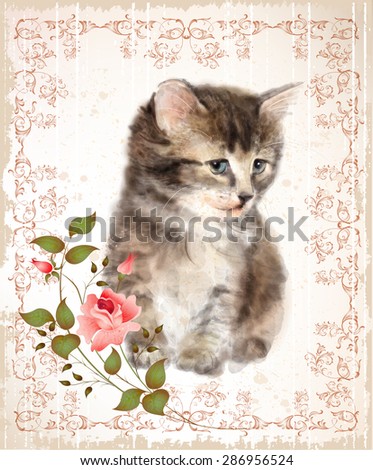 Vintage card with fluffy kitten and rose. Imitation of watercolor painting.