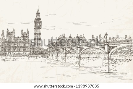 London, UK. Houses of Parliament with Big Ben, Westminster Palace, bridge on river Thames. Sights of England. Architectural monuments. Travel. Postcards. Vector illustration. Vintage. Engraving