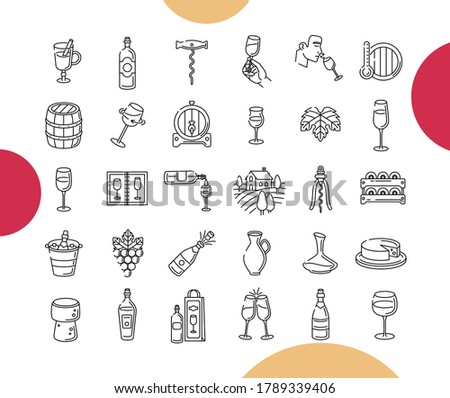 Wine outline icon set. Big collection of stroke wine theme illustration 