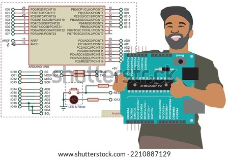 A student of the Faculty of Radio Engineering against the background 
of an arduino uno electrical circuit
holds in his hands an arduino uno electronic circuit board running under
the control of a cpu