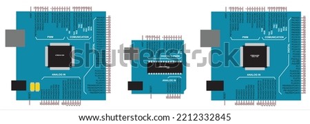 Vector illustration of printed circuit board arduino uno and arduino mega. An electronic board operating under the control of an microcontroller. 