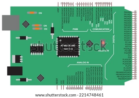 Vector model of printed 
circuit board with electronic components operating under the control of an microcontroller.