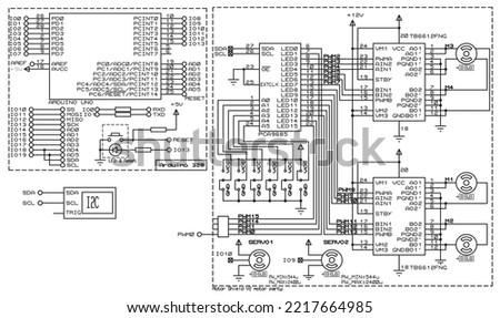 Vector diagram of an electronic device on the arduino. Connecting external devices to the arduino printed circuit board. Electronic circuit board.