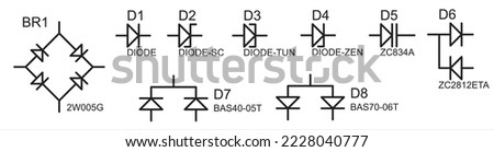 Vector icons of electronic components of the electrical
circuit. Diode, diode bridge, diode schottky, varicap, zener.
Conditional graphic
designation of an electronic device.