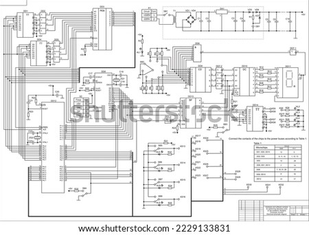 Electrical schematic diagram. Vector large drawing on white 
paper of a complex electrical circuit of an electronic device.
Graduation project. Scheme 1.