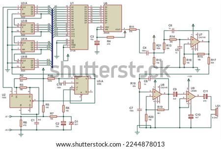 Electrical schematic diagram of a digital
electronic device (doorbell),
which plays a sound programmed in to the EPROM when the bell push is pressed.
Vector drawing with operational amplifier.