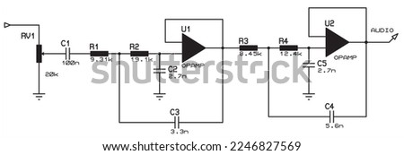 Vector electrical circuit of an electronic analog device with operational amplifier. 
Electrical schematic diagram.