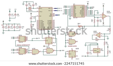 Vector schematic diagram. 
A complex large electrical circuit of an electronic device, operating 
under the control of a microcontroller.