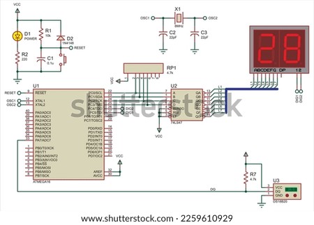 Vector electrical schematic diagram of the temperature meter working
 under microcontroller control. The result of the temperature
measurement is displayed on a seven-segment two-digit indicator.