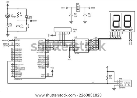 Vector electrical schematic diagram of the temperature meter working
 under microcontroller control. The result of the temperature
measurement is displayed on a seven-segment two-digit indicator.