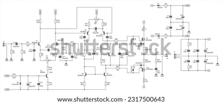 Engineer scheme of electronic device. 
Vector drawing electrical circuit with 
resistor, capacitor, diode, transistor,
connector
and other components.
Schematic background on white paper sheet. 