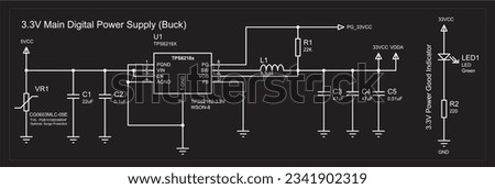 Main digital power supply (buck).
Schematic diagram of electronic device. 
Vector drawing electrical circuit with 
inductor, led indicator, varistor, capacitor, resistor,
ground and power symbols.