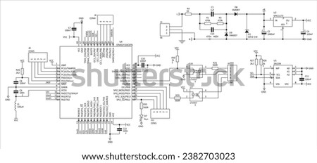 Schematic diagram of electronic device.
Vector technical drawing electrical circuit with led, integrated circuit,
capacitor, resistor, optocoupler, microcontroller chip
and other electronic components