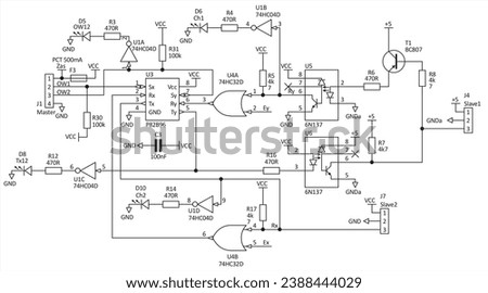 Technical schematic diagram of electronic device.
Vector drawing electrical circuit with controller, 
led, integrated circuit, capacitor, resistor,
transistor, logic gate, other electronic components.