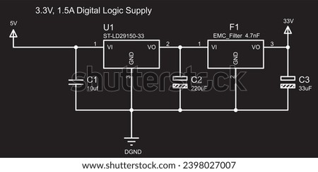 Digital logic power supply.
Schematic diagram of electronic device. Vector drawing electrical circuit with 
capacitor, ground and power symbols
and other electronic components.