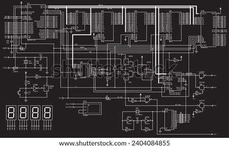 Vector electrical circuit. 
A complex large schematic diagram of electronic device for data output 
to seven-segment indicators, operating under the control of microcontroller.