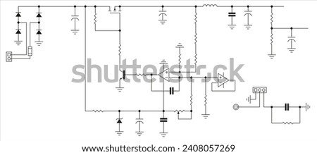 Vector template of schematic diagram of 
electronic device. Drawing electrical circuit with 
operational amplifier, resistor, 
capacitor, transistor and other components.