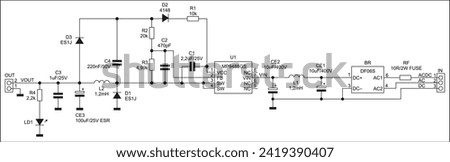 Technical schematic diagram of electronic device.
Vector drawing electrical circuit with 
coil, capacitor, resistor, integrated circuit,
diode, connector, other electronic components.