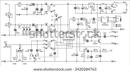 Technical schematic diagram of electronic device.
Vector drawing electrical circuit with 
coil, capacitor, resistor, integrated circuit,
diode, transistor, antenna, other electronic components.