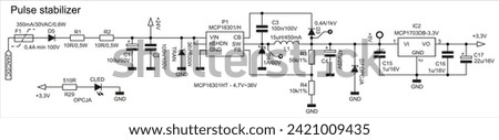 Technical schematic diagram of pulse stabilizer electronic device.
Vector drawing electrical circuit with 
coil, capacitor, resistor, integrated circuit,
diode, led, other electronic components.
