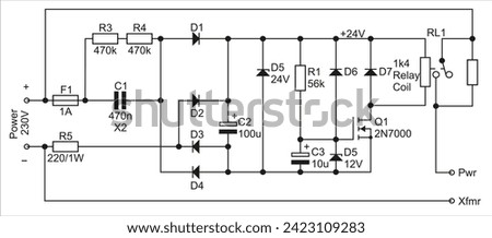 Technical schematic diagram of electronic device. Vector drawing electrical circuit with resistor, diode, relay coil, fuse, zener, capacitor, other electronic components.