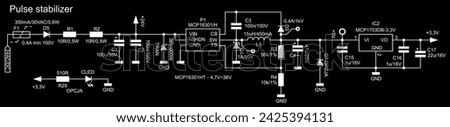 Technical schematic diagram of pulse stabilizer electronic device. Vector drawing electrical circuit with coil, capacitor, resistor, integrated circuit, diode, led, other electronic components.