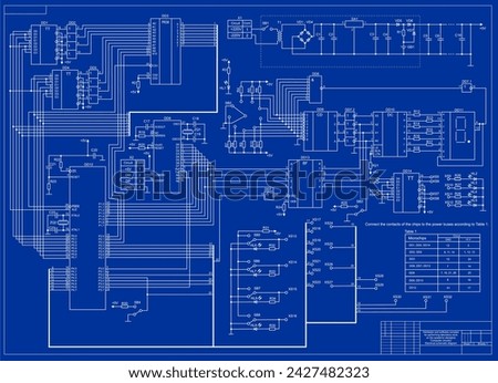 Technical schematic diagram of digital electronic device.
Vector drawing electrical circuit with 
led, capacitor, resistor,
indicator, logic element, integrated circuit, switch,
transformer, diode.