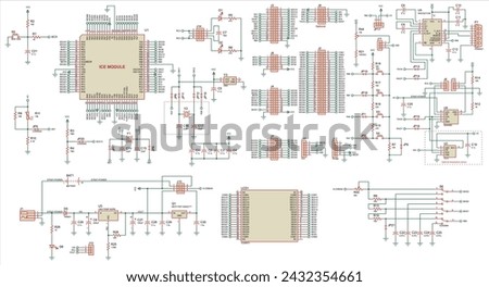 Vector electrical schematic diagram of an digital
electronic device with lcd, operating under the control of a 
microcontroller. Radio scheme with integrated circuit, 
resistor, capacitor, sensor.