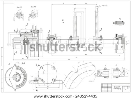 Assembly drawing of drive shaft with coupling.
Vector cad scheme of steel mechanical device with shaft, gear, 
electric engine, bearing, bolted connection and dimension lines.
Engineering background.