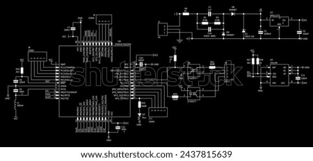 Schematic diagram of electronic device.
Vector technical drawing electrical circuit with led, integrated circuit,
capacitor, resistor, optocoupler, microcontroller chip
and other electronic components
