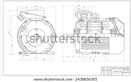 Vector engineering technical drawing of asynchronous
motor. The design of mechanical part
of machine with dimension lines. Cad schematic diagram. 
The general view. Assembly project.