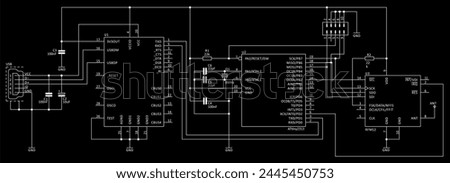 Technical schematic diagram of electronic device.
Vector drawing electrical circuit with 
micro controller, integrated circuit, capacitor, resistor,
usb connector, other electronic components.
