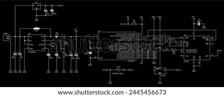 Technical schematic diagram of electronic device.
Vector drawing electrical circuit with 
micro controller, integrated circuit, capacitor, resistor,
connector, other electronic components.
