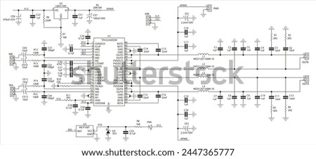 Schematic diagram of electronic device.
Vector drawing electrical circuit with 
led, microcontroller, integrated circuit, inductor coil, 
resistor, capacitor, diode
on white background of paper sheet.