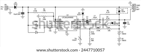 Schematic diagram of electronic device. Vector drawing electrical circuit with 
led, microcontroller, integrated circuit, inductor coil, 
resistor, capacitor, diode
on white background of paper sheet.