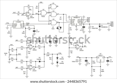 Schematic diagram of electronic device. Vector drawing electrical circuit with 
logic gate, operational amplifier, 
microcontroller, integrated circuit, 
resistor, capacitor, diode on paper sheet.