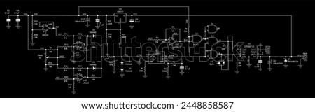 
Schematic diagram of electronic device.
Vector drawing electrical circuit with 
logic gate, operational amplifier, 
microcontroller, integrated circuit, 
resistor, capacitor, diode on paper sheet.