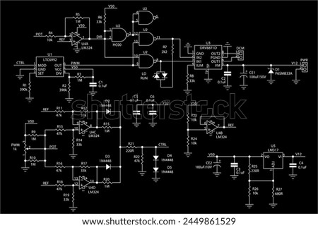Schematic diagram of electronic device. Vector drawing electrical circuit with 
logic gate, operational amplifier, 
microcontroller, integrated circuit, 
resistor, capacitor, diode on paper sheet.