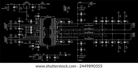 Schematic diagram of electronic device.  Vector drawing electrical circuit with led, microcontroller, integrated circuit, inductor coil, 
resistor, capacitor, diode
on background of paper sheet.