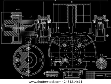 Assembly drawing of reducer.
Vector drawing of steel mechanical device with shaft, gear, 
electric engine, bolted connection and dimension lines.
Engineering cad scheme. Technical template. 
