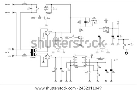Schematic diagram of electronic device. Vector drawing electrical circuit with 
integrated circuit, inductor coil, diode bridge, transformer, relay,
resistor, capacitor, transistor, antenna.