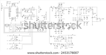 Schematic diagram of electronic device. Vector drawing electrical circuit with 
operational amplifier,
integrated circuit, diode, 
resistor, capacitor, transistor
on white background of paper sheet.