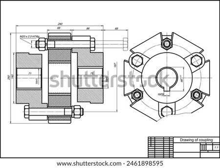 Assembly drawing of coupling.
Vector drawing of steel mechanical device with holes, bolted connection and dimension lines. Engineering cad scheme. Technical template.  Cross section.