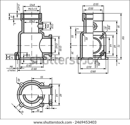 Vector mechanic drawing of a steel cast mechanical part with 
through holes and dimension lines.
Engineering cad scheme. Technical template. Cross section.