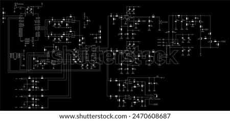 Schematic diagram of electronic device. Vector drawing electrical circuit with 
operational amplifier,
integrated circuit, diode, 
resistor, capacitor, transistor
on background of paper sheet.